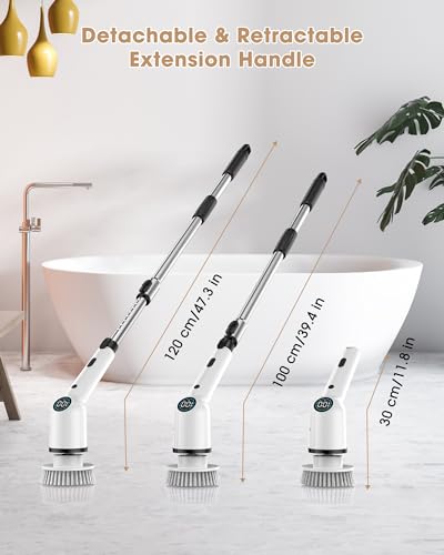 Electric Spin Scrubber, Cordless Shower Scrubber with Long Handle and 8 Replacement Heads, Power Cleaning Brush with 3 Adjustable Speeds for Bathroom Grout Bathtub Tile Floor, Black