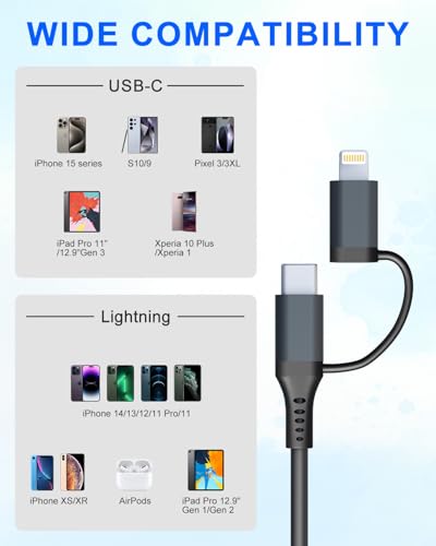 USB to USB C and Lightning Cable 2 in 1-3A Fast Charging & Data Sync Apple CarPlay & Android Auto Coiled Lightning and USB C Cable for iPhone 15 Plus 14 13 12 11 Pro/max/USB C Android Smartphones