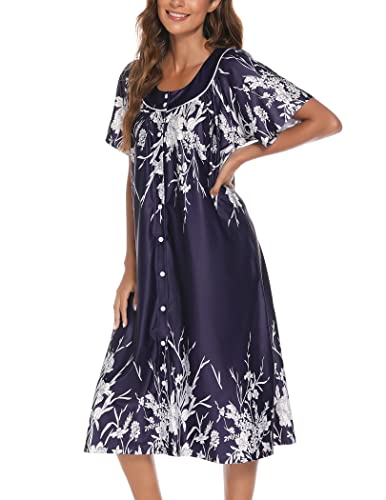YOZLY House Dress for Women Short Sleeve House Coat Mumu Duster Robe with Pockets, Navy, Large