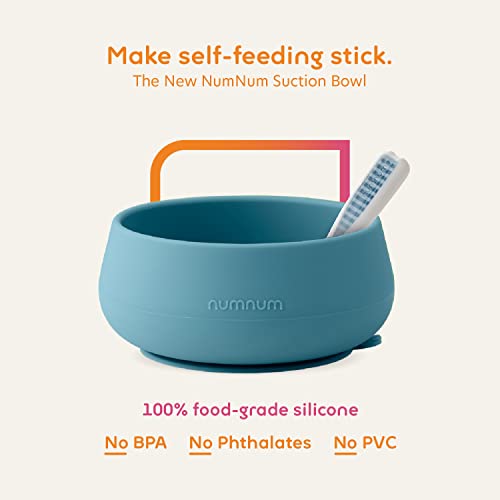 NumNum Suction Bowl + Pre-Spoon GOOtensils Self Feeding Set for Babies & Toddlers | Baby Spoon Set (Stage 1+ 2) | 100% Food Grade Silicone BPA-Free | Strong Suction | 4 months+ (Blue/Glacier Green)