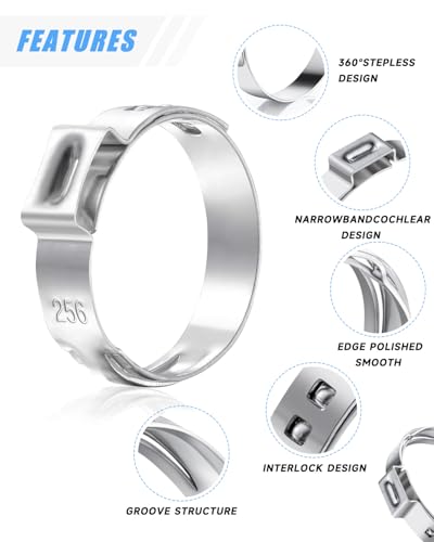 170 Pcs 304 Stainless Steel Single Ear Hose Clamp, 11 Sizes 1/4-1 Inch Constant Crimp Stepless Cinch Rings Crimp Assortment Kit with Ear Clamp Pincer for Water Pipe By PEROMI
