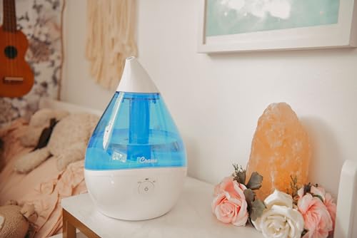 Crane Droplet Ultrasonic Small Air Humidifiers for Bedroom and Office, 0.5 Gallon Cool Mist Humidifier for Plants and Home, Humidifier Filters Optional, Blue and White