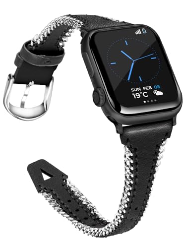 Ruibopad Leather Strap for Apple Watch Bands 40mm 41mm 38mm, Cute Slim Chain Bracelet for iWatch Bands Series 9 SE 8 7 6 5 4 3 2 1, Thin Genuine Leather Wristband for Apple Watch Women Men Black