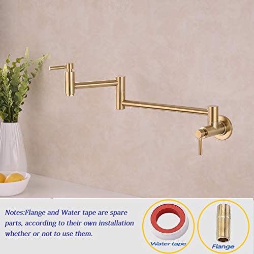 Fonveth Brushed Gold Wall Mounted Pot Filler Kitchen Faucet, Dual Handles, 1/2 IPS Male Threaded - 14 NPT inlet