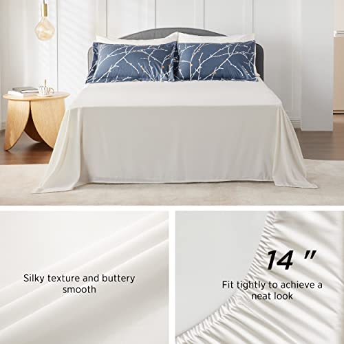 Bedsure Twin Comforter Sets - Bed in a Bag Full 7 Pieces Reversible Navy Blue Flroal Bed Set Tree Branch Pattern Printed with Comforters, Sheets, Pillowcase & Sham