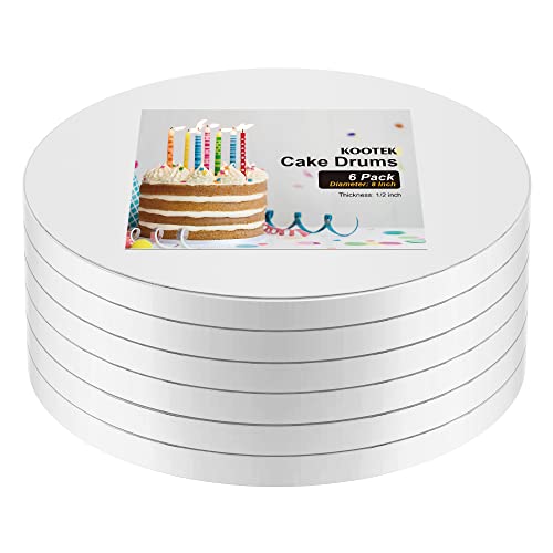 Kootek Cake Boards Drum 8 Inch Round, 1/2" Thick Cake Drums, Cake Decorating Supplies White 6-Pack Sturdy Cake Corrugated Cardboard for Multi-Layer Cakes