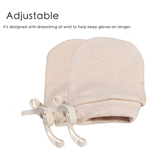 MOMSMENU Newborn Mittens No Scratch 100% Organic Cotton Mitts Baby Boy Girl Neutral With String 0-12 months 3 Packs Beige
