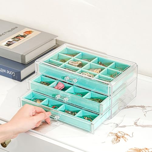 ProCase Earring Holder Organizer Jewelry Box with 3 Drawers, Acrylic Clear Earring Case with Adjustable Velvet Trays for Women - Aqua, 3 Layers