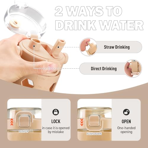 MUKOKO Half Gallon/64 oz Glass Water Bottles with Straw and Lid,Motivational Water Jug with Time Marker Reminder and Silicone Sleeve,100% Leakproof BPA Free Fitness Sports Large Bottle-Purple