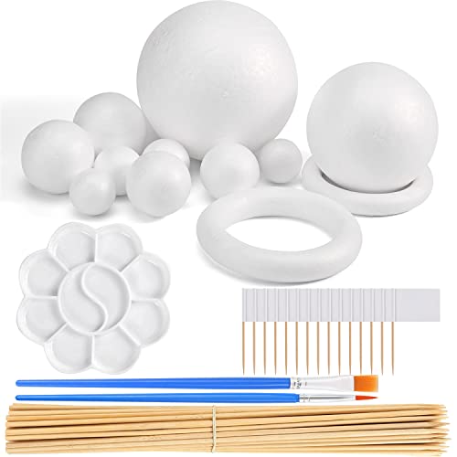 47PCS Solar System Model Foam Ball Kit Includes 10 Sizes Polystyrene Spheres Balls, Bamboo Sticks, Blank Toothpick Flags, Brushes, Paint Tray Palette for School Science Projects