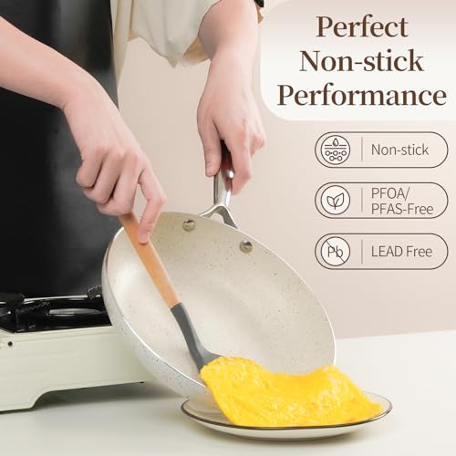 Nonstick Pots and Pans Set,Beige Nonstick Cookware Sets, Pans Cooking Set 7 Pcs Non Stick Cooking Set w/Frying Pans & Saucepans Non-toxic Kitchen Cooking Set Compatible With All Cooktops