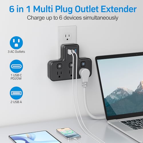 Multi Plug Outlet Extender, 1875W|15A Surge Protector Wall Outlets Extender with USB Wall Charger(1 PD20W USB C), PASSUS Multiple Plug Expander Splitter for Home Office Dorm Room Essentials