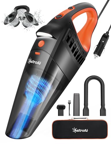 AstroAI Car Vacuum, Car Accessories, Portable Handheld Vacuum Cleaner with 12V DC Power,16.4 Ft Cigarette Lighter Cord,LED Light,Car Cleaning Kit with 3 Filters for Quick Cleaning(Red)