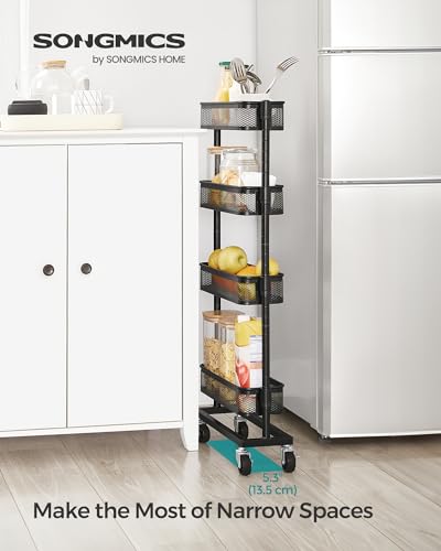 SONGMICS Slim Storage Cart, 4-Tier Metal Rolling Cart with Wheels, Flexible Baskets, Narrow Cart for Kitchen, Bathroom, Laundry Room, Easy Assembly, Black UBSC065B01