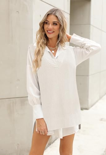 Viottiset Women's Oversized Sweater Vest V Neck Tunic Sleeveless Pullover Knit Top Checkered Light Blue M