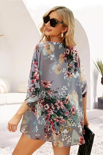 Women's Floral Print Puff Sleeve Kimono Cardigan Loose Cover Up Casual Blouse Tops(Dark grey,L)