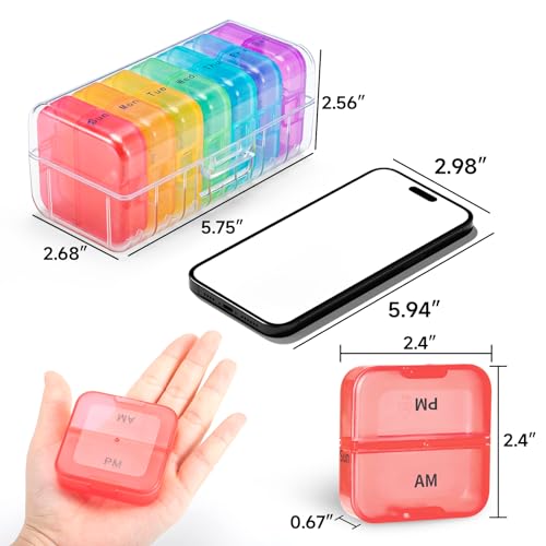 Zoksi Weekly Pill Organizer 2 Times a Day, Rainbow 7 Day Pill Box, Daily Am Pm Pill Organizer, Portable Case for Fish Oils, Vitamin, Supplement