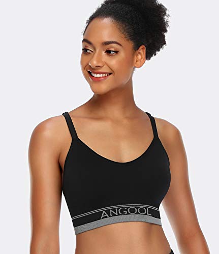 ANGOOL Strappy Sports Bra for Women, Longline Medium Support Yoga Bra Wirefree Padded Sports Bra with Adjustable Straps Black