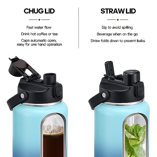 Half Gallon Insulated Water Bottle with 2-in-1 Lid (Chug Lid/Straw Lid), 64oz Double Walled Vacuum Stainless Steel Water Bottles, Water Jug with Straw, Wide Mouth Insulated Thermos