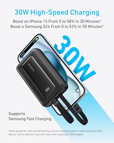 Anker Zolo Power Bank, 10,000mAh 30W Max Fast Portable Charger with Built-in USB-C and MFi Certified Lightning Cables, 1 USB-C, 1 USB-A, Battery Pack for iPhone 15/14 Series, MacBook, Galaxy (Black)