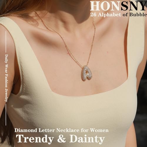 Honsny Bubble Letter Necklace Gold, 18K Gold Plated CZ Balloon Initial Necklaces for Women Chunky Diamond Pendant Charm Gold Necklace for Teen Trendy Personalized Alphabet Jewelry Gift For Her