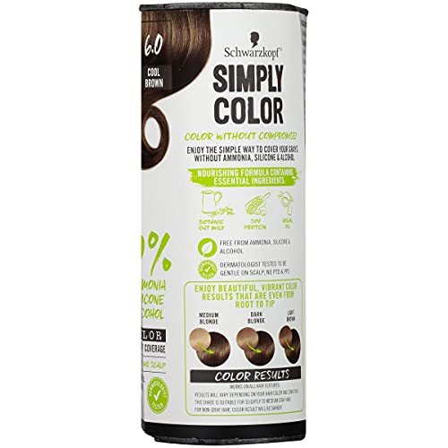 Schwarzkopf Simply Color Hair Color 6.0 Cool Brown, 1 Application - Permanent Hair Dye for Healthy Looking Hair without Ammonia or Silicone, Dermatologist Tested, No PPD & PTD