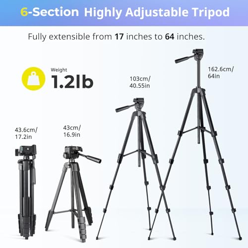 Aureday Phone Tripod Stand, 64” Extendable Cell Phone&Camera Tripod with Wireless Remote and Phone Holder, Aluminum iPad Tripod for Video Recording/Selfies/Live Stream/Vlogging Black