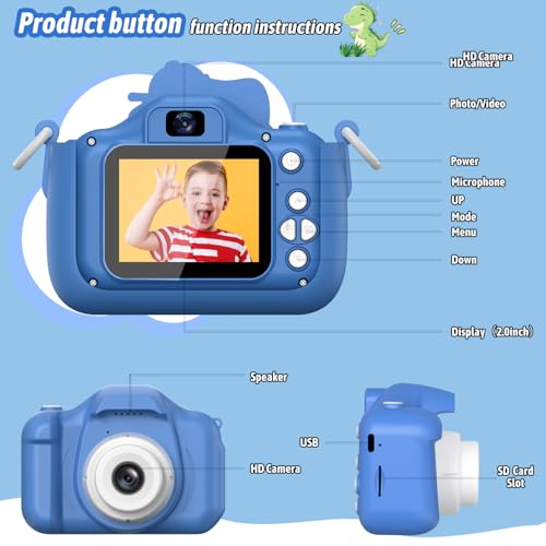 Dwfit Upgrade Selfie Kids Camera, Christmas Birthday Gifts for Boys Girls Age 3-12, HD Kids Digital Video Cameras for Toddler with Cartoon Soft Silicone Cover, Portable Toy for 3 4 5 6 7 8 Years Old
