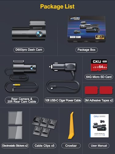 GKU Dash Cam Front and Rear Camera,4K+1080P Dual Dash Camera for Cars Built-in 5GHz WiFi GPS,with 64G SDcard,1.47" Display Dashcam, 24HParking Mode,App Control,Super Night Vision,WDR,Support Max 256GB