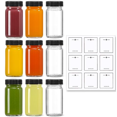 9 Pack, 2 oz Glass Shot Bottles w/ Black Lids & 9 Labels - Small Clear Jar for Ginger, Wellness Shot, Juice, Sample, Whiskey - Travel Essentials Mini Bottles - Wide Mouth, Leakproof, Dishwasher Safe