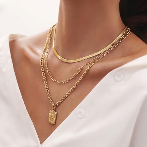 Honsny 3 PCS Gold Layered Necklace Set for Women Gold Filled Dainty Paperclip Snake Choker Figaro Chain Layering Necklaces Jewelry Gifts Square Pendant Letter A-Z