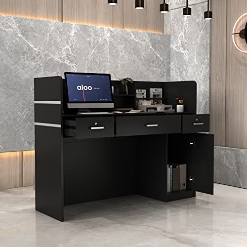 AIEGLE Reception Desk with Drawers & Storage Shelves, Table with Private Panels, for Salon Reception Room Checkout Office, Black (47.3" L x 18.3" W x 43.3" H)