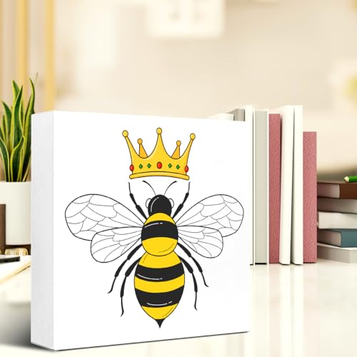 Bee Queen Desk Decor, Funny Bee Queen Crown Wood Block Sign Desk Décor for Home Bedroom Office