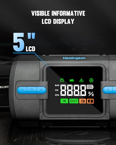 Car Jump Starter with Air Compressor, Hemingson 160PSI 3000A Portable Car Battery Jump Starter (9.0L Gas/8.0L Diesel), 12V Car Battery Jump Box Jumper Starter with Oversized LCD Display, Lights