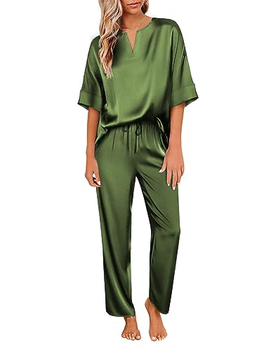 Ekouaer Satin Pajama Set Womens Silk Short Sleeve V Neck Shirt with Long Pant Soft Loungewear Pjs Set Purplish Red