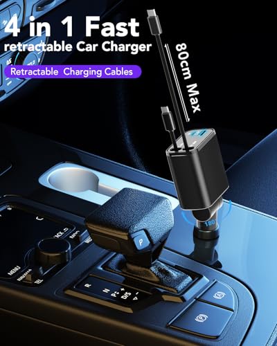 Car Accessories Retractable Car Charger 4 in 1, Compatible with iPhone 16 Car Charger Fast Charging, Type C Retractable Fast Car Charger, 69W USB C Adapter for iPhone 16/15/14/13/12/Galaxy/Pixel