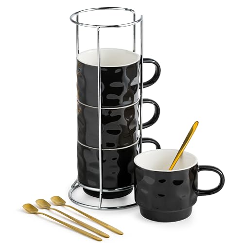 Gomakren Black Coffee Mugs Set of 4, 11 Ounce Stackable Coffee Mugs with Rack and Spoons, Coffee Cup Set for Kitchen Coffee Drinks, Espresso, Cappuccino, Latte, Americano and Tea