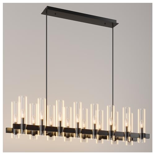 AEULYTIR 54 Inch Black Chandelier Linear with Clear Glass Shade, 16-Lights Modern Farmhouse Ceiling Pendant Hanging Light Fixture Over Table, for Dining Room, Kitchen Island