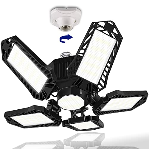 BRAINIAC LED Garage Light Bulbs, 100W 10000LM Garage Lighting with 5 Adjustable Panels, E26/E27 Garage led Lights Screw in Deformable Garage Led Ceiling Light Fixture for Warehouse, Corridor, Stadium