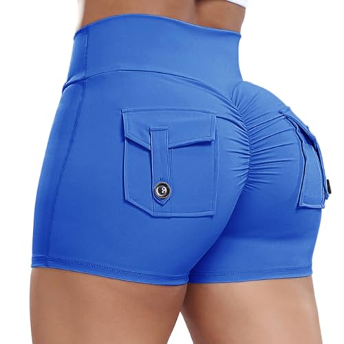 FITTOO Scrunch Butt Lifting Shorts for Women with Pocket V Criss Cross Waist High Waisted Booty Lift Crossover Yoga Workout Gym Shorts (Sky Blue, Mediun)