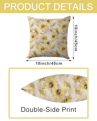 Summer Pillow Covers 18x18 Inch - Beige Watercolor Sunflower Pattern with Rustic Charm, Neutral Toned Floral Decorative Cushion Cases for Elegant Home Decor, Living Room, and Patio