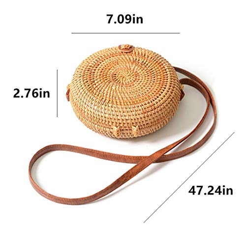 Handwoven Round Rattan Bag Shoulder Leather Straps Natural Chic Hand