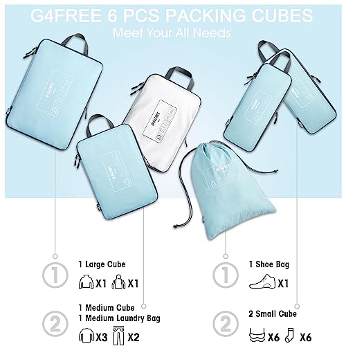 G4Free 6 Set Compression Packing Cubes, 3 sizes Travel Packing Organizers for Suitcases, Expandable Luggage Suitcase Storage Bags Set, Lightweight Packing Cubes Travel Essentials