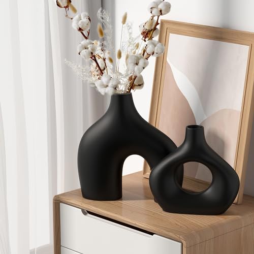 Zormon Ceramic Vase Set of 2, Black Pampas Grass Vases for Home Decor, Round Boho Vases for Flowers, Nordic Minimalism Style vase for Table Centerpiece Living Room Bedroom Shelf Decor