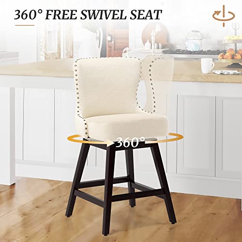 Cozyman Counter Height Bar Stools, 30" H Swivel Bar Stool with Back, Linen Fabric Counter Stool, Solid Wood Legs, Retro Upholstered Barstools for Kitchen Island, Home Bar, Pub, Beige