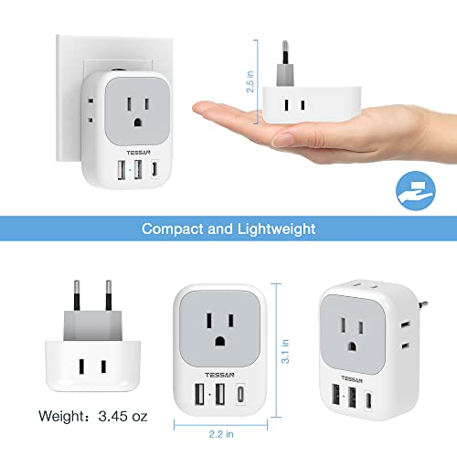 TESSAN 3 Pack European Travel Plug Adapter USB C, US to Europe Power Adapter with 4 AC Outlets and 3 USB (1 USB C), Euro Charger Adaptor Type C for USA to EU Spain France Iceland Italy Germany Greece