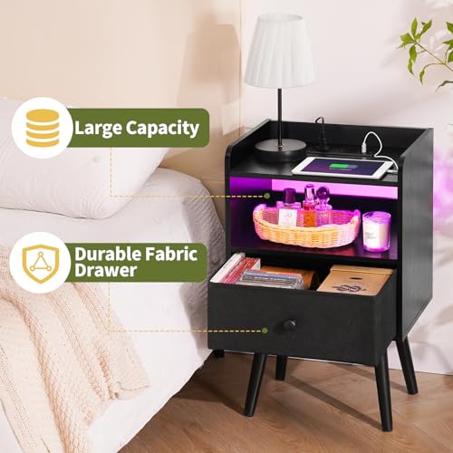 Yoobure Nightstand with Charging Station, Modern Night Stand with LED Lights, Wood Nightstands with Fabric Drawer & Storage Shelf, Night Stands Bedside Table with USB Ports for Bedroom, Office, Home