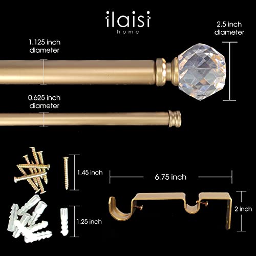 ILAISIHOME Double Curtain Rod Set:1-1/8 Inch Diameter Luxury Gold Curtain Rods,36-72 Inch Adjustable Gold Drapery Rod with Crystal-clear Faceted Finials for 1 Pack