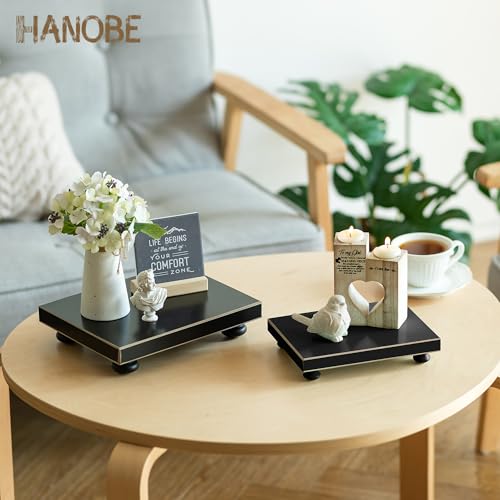 Hanobe Bathroom Pedestal Stand Risers: Black Decorative Display Tray Modern Large Wood Riser Decor for Coffee Table Kitchen Countertop Organizer Rectangle 9.6" x 7.8"