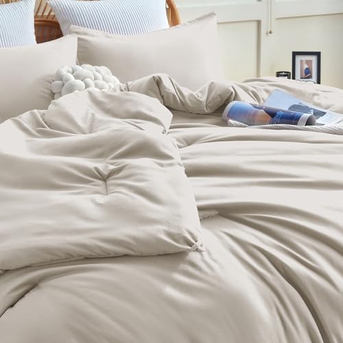 CozyLux Beige Comforter Set Twin/Twin XL Size, 2 Pieces Twin Extra Long Boho Solid Breathable Quilted Style Bedding Sets, Luxury Fluffy Soft Microfiber Comforter All Season(1 Comforter & 1 Pillowcase)